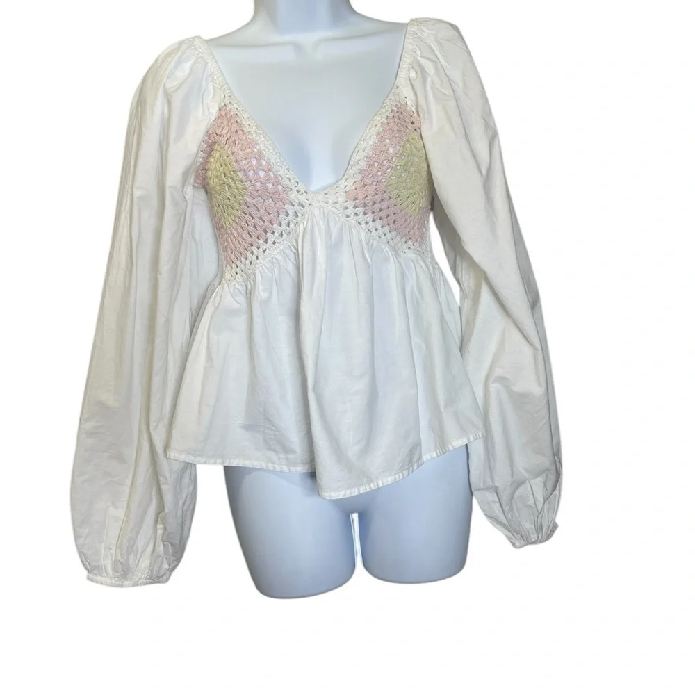 Asos White Crochet Cotton Puff Sleeves Babydoll Cottagecore Hippie Top 4 NWT